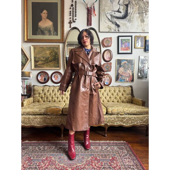 70s Faux Leather Chocolate Leather Trench Coat Size M/L 32" by Amerex - Picture 9 of 14